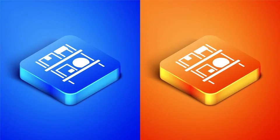 Isometric Warehouse interior with boxes on racks icon isolated on blue and Stock Illustration