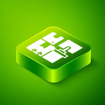 Isometric Warehouse interior with boxes on racks icon isolated on green Illustrazione stock