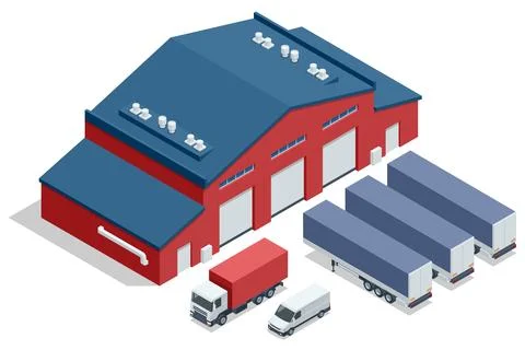 Isometric Warehouse Logistic Interior Storage Room Factory. Semi trailer truck Stock Illustration