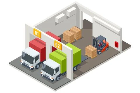 Isometric Warehouse Logistic Interior Storage Room Factory. Semi trailer truck Stock Illustration