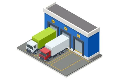 Isometric Warehouse Logistic Interior Storage Room Factory. Semi trailer truck Illustrazione stock