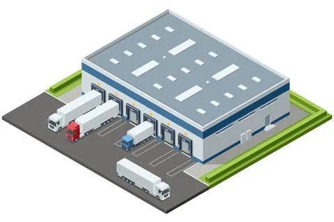 Isometric Warehouse Logistic Interior Storage Room Factory. Semi trailer truck Stock Illustration