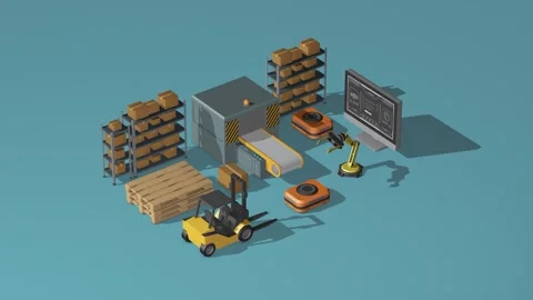 Isometric warehouse logistics concept with forklift and automated machinery Stock Footage 344171097