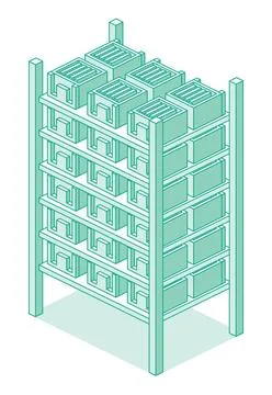 Isometric warehouse shelving unit with storage boxes. Industrial rack syste.. Stock Illustration
