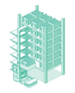 Isometric warehouse storage rack with boxes and automated robotic loader. O.. Illustrazione stock