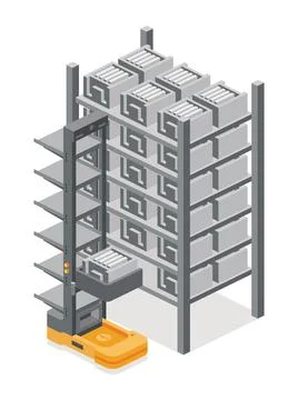 Isometric warehouse storage rack with boxes and automated robotic loader. I.. Stock Illustration