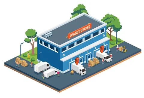 Isometric warehouse with trucks, forklift, workers, and boxes on pallets. L.. Stock Illustration