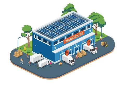 Isometric warehouse with trucks, forklift, workers, and boxes on pallets. L.. Ilustração Stock