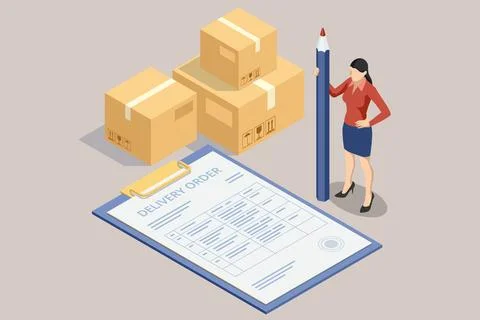 Isometric warehouse worker checking inventory. On-time delivery Illustrazione stock