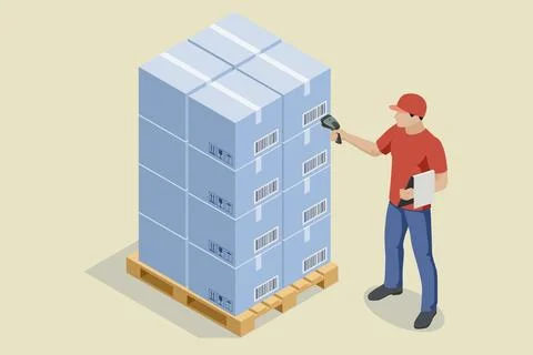 Isometric warehouse worker checking inventory. On-time delivery Illustrazione stock