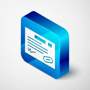 Isometric Warranty certificate template icon isolated on grey background. Blue Stock Illustration