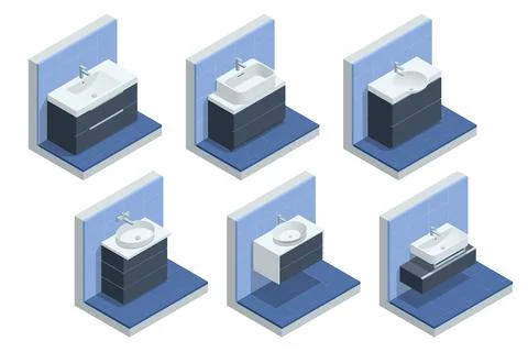 Isometric washbasins. Set of ceramic rectangle washbasins with water tap Stock Illustration