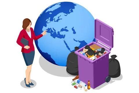 Isometric waste management workflow with sanitation crew, color bin, garbage Stock Illustration
