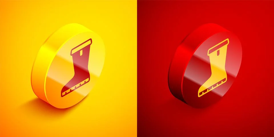 Isometric Waterproof rubber boot icon isolated on orange and red background.. Stock Illustration