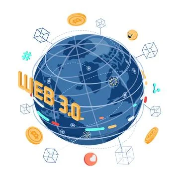 Isometric Web 3.0 Internet with World Stock Illustration