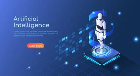 Isometric web banner Ai Robot floating on computer chip circuit board Illustrazione stock