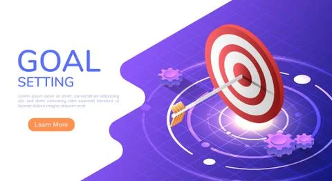 Isometric web banner arrow hit the center of the big target 库存插图