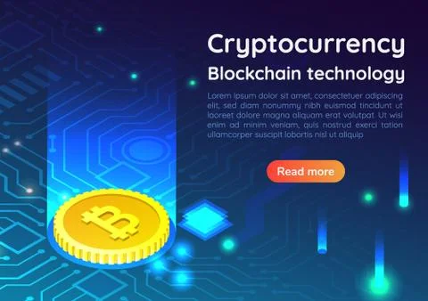 Isometric web banner bitcoin on circuit board Stock Illustration