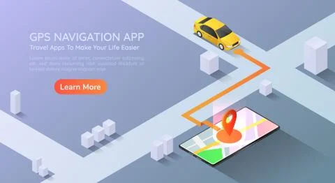 Isometric web banner car going to pin point at the gps map navigation applica Stock Illustration
