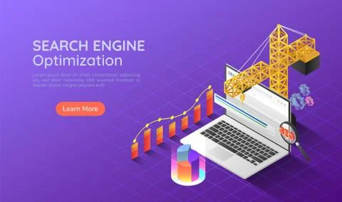 Isometric web banner construction crane lifting up and increase website ranki Illustrazione stock