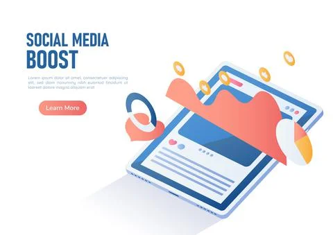 Isometric Web Banner Digital Tablet with Social Media Boost Post Advertising  Illustrazione stock