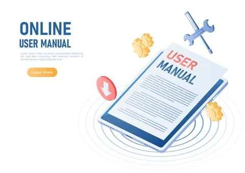 Isometric Web Banner Digital Tablet with User Manual Document Stock Illustration