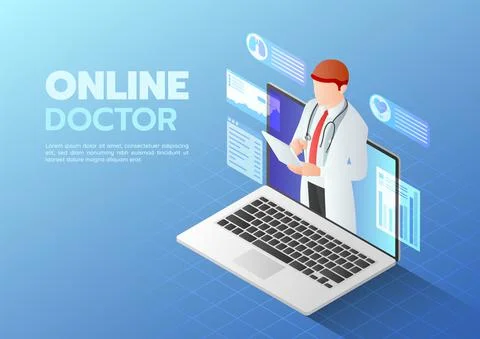 Isometric Web Banner Doctor doing Online Diagnose on The Computer Laptop Scre Stock-Illustration