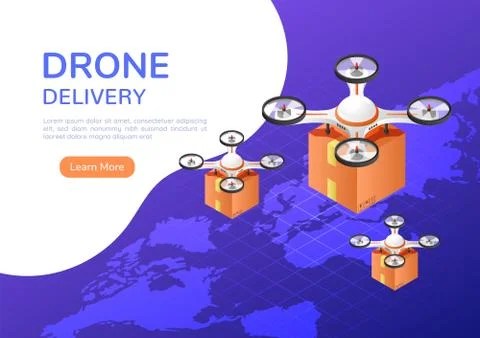 Isometric web banner drone flying over the world map carrying a package to de Illustrazione stock