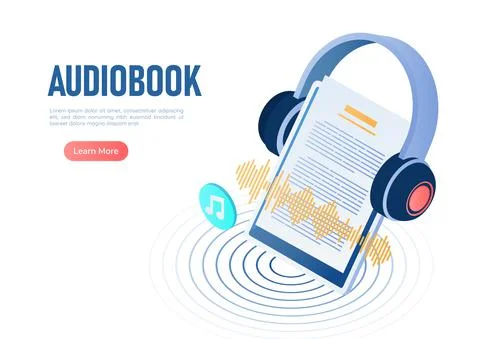 Isometric Web Banner Headphone Over Digital Tablet with Digital Audio Book on Stock Illustration