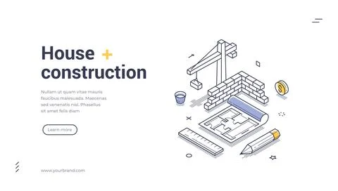 Isometric web banner for house construction and building industry. Architectu Illustrazione stock