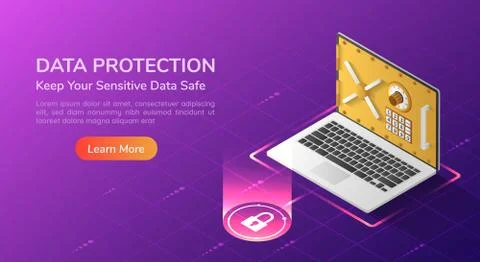 Isometric web banner laptop with security vault door on the screen. Stock Illustration