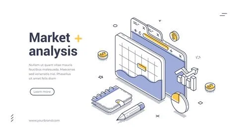 Isometric web banner for market analysis and business research. Vector illust Stock Illustration