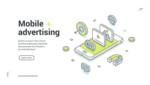 Isometric web banner for mobile advertising. Vector illustration template wit Stock Illustration