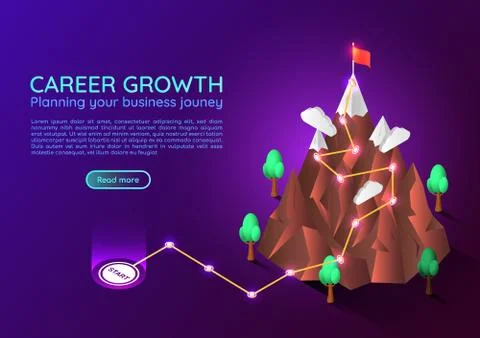 Isometric web banner mountain with business journey route to success target o Stock Illustration