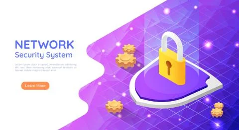 Isometric Web Banner Padlock with Keyhole Icon on Abstract Network Background Illustrazione stock