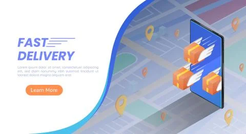 Isometric web banner parcels box with wings flying forward rapidly from smart Stock Illustration