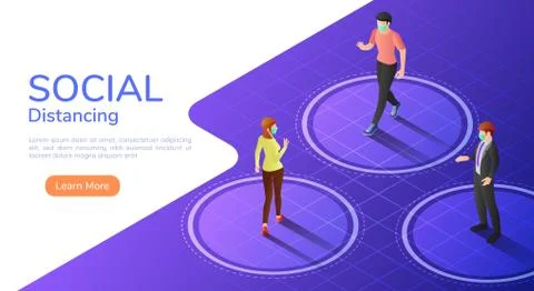 Isometric web banner people keep distance between each other to avoid spreadi Illustrazione stock