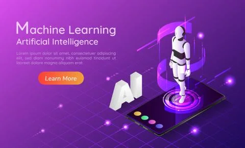 Isometric web banner personal assistant AI robot on smartphone Stock Illustration