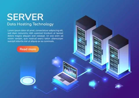 Isometric web banner Server room and hosting storage technology Stock-Illustration