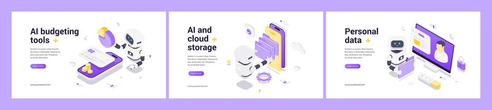 Isometric web banner set featuring AI robot for budget tools, cloud data mana イラスト素材