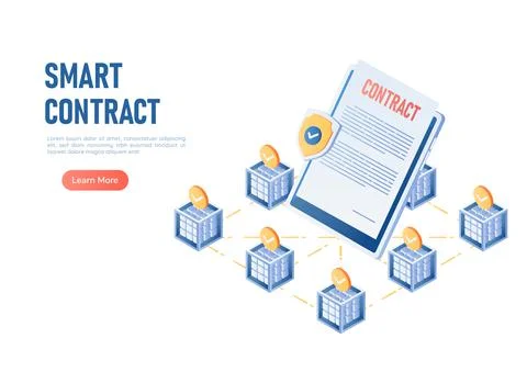 Isometric Web Banner Smart Contract in The Center of Blockchain Technology Stock Illustration