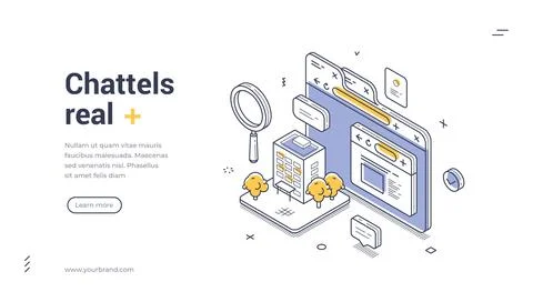 Isometric web banner template for chattels real and property search. Real est Stock Illustration