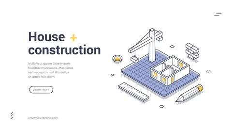 Isometric web banner template for house construction business. Building proce Illustrazione stock