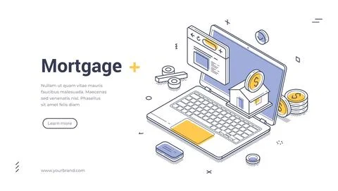 Isometric web banner template for online mortgage and banking. Real estate in Stock Illustration