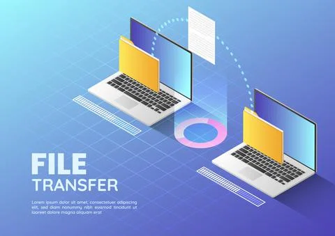 Isometric web banner Two Laptop Transfer Files and Organize Folder Stock Illustration