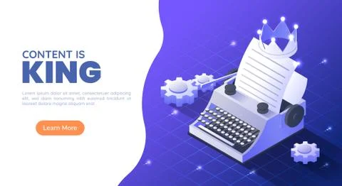 Isometric Web Banner Typewriter with A Crown and Paper Sheet on Blue Gradient Stock Illustration