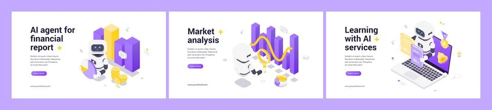 Isometric web banners featuring AI robot for financial reports, market trend  Illustrazione stock