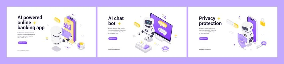 Isometric web banners featuring AI robots for online banking automation, chat Stock Illustration