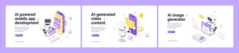 Isometric web banners featuring AI robots automating mobile app development,  Stock Illustration