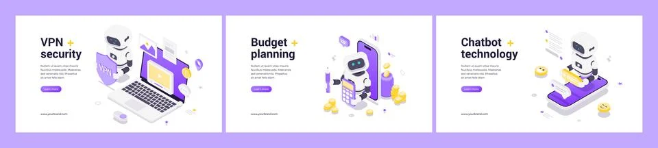 Isometric web banners featuring AI robots illustrating VPN security, budget p Illustrazione stock